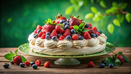 Poster - A Delectable Summer Dessert Meringue Layers Topped with Fresh Strawberries and Blueberries, Served on a Rustic Wooden Table