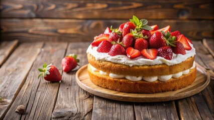 Poster - A Creamy Strawberry Cake with a Delicate Layer of Frosting on a Rustic Wooden Background