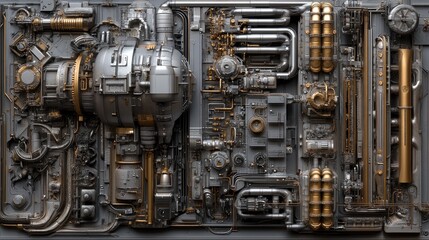 Poster - Futuristic Metallic Industrial Machinery Layout with Pipes, Gears, and Complex Mechanisms Reflecting Innovative Engineering Designs in an Urban Environment