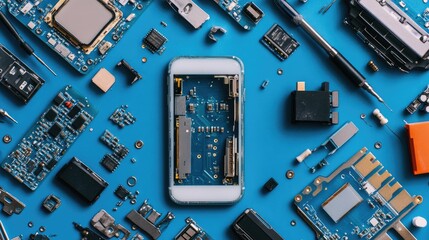 Poster - Close-Up of Disassembled Smartphone Components on Blue Background, Featuring Circuit Boards, Chips, and Electronic Parts for Tech Repair and Innovation