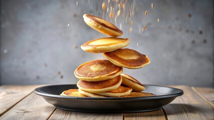 Poster - A Stack of Fluffy Pancakes Falling Onto a Black Plate with Sprinkles Flying in the Air
