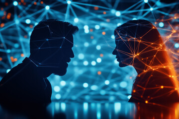 Poster - silhouettes of a man and woman are highlighted against a vibrant digital backdrop of interconnected 