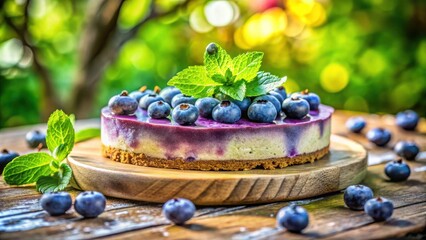 Poster - A blueberry cheesecake with fresh mint garnished and scattered blueberries on a wooden surface in a garden setting