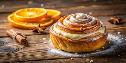 Aufkleber - A single glazed cinnamon roll dusted with powdered sugar, resting on a wooden surface with dried orange slices and cinnamon sticks nearby