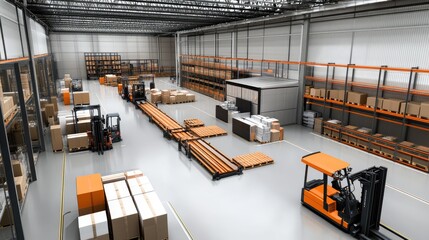 Poster - Spacious and Organized Warehouse Interior with Pallet Racking, Forklifts, and Efficient Inventory Management for Logistics and Distribution Centers