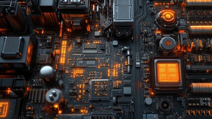 Poster - Intricate Close-Up of a Modern Microchip Circuit Board with Illuminated Components and Digital Technology Background, Evoking Innovation and Advanced Electronics