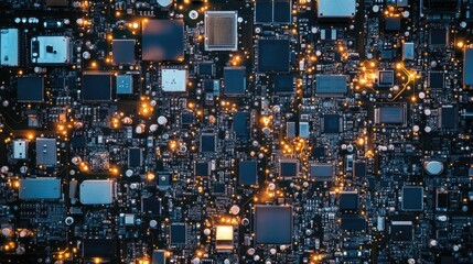 Poster - High-Resolution Close-Up of a Complex Circuit Board with Illuminated Elements, Showcasing Advanced Technology and Intricate Electronic Structures for Stock Photography