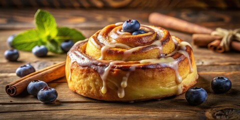 Poster - A Sweet Cinnamon Roll Drizzled with Icing and Topped with Blueberries, Laying on a Rustic Wooden Surface with Cinnamon Sticks and Fresh Mint