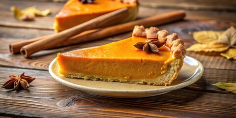 Poster - A slice of pumpkin pie with a star anise garnish on a brown wooden table