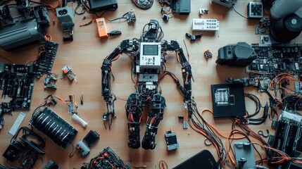Poster - Complex Arrangement of Robotics Components with a Central Robot Figure Surrounded by Electronics Parts and Circuit Boards on a Wooden Surface