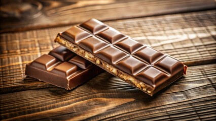 Poster - Close-up of two milk chocolate bars with a crispy texture, resting on a wooden surface with a rustic appearance.