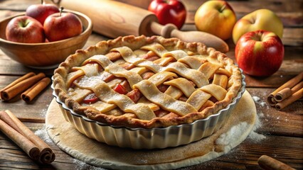 Wall Mural - A golden brown apple pie with a lattice crust, dusted with powdered sugar, sits on a wooden table surrounded by cinnamon sticks and fresh apples.