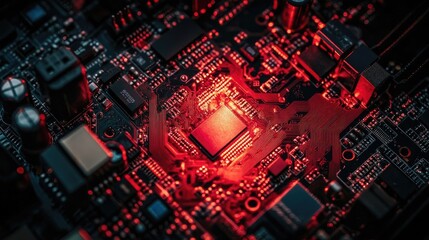 Poster - Close-Up View of a Red-Illuminated Computer Circuit Board with Integrated Circuits, Capacitors, and Transistors, Showing Technology and Electronics in Detail