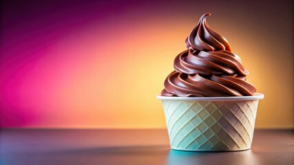 Poster - A single scoop of rich chocolate frozen dessert in a waffle cup against a vibrant purple and orange background.
