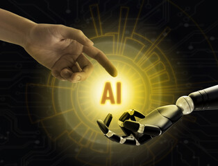 Poster - AI abbreviation between human hand and robot arm on black background