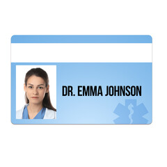 Wall Mural - Doctor's badge with photo of woman on white background