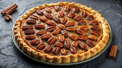 Poster - A golden pecan pie with a flaky crust, perfectly baked and glistening with a sweet caramel glaze, sits on a dark slate background, accompanied by cinnamon sticks for an autumnal touch.
