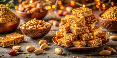 Poster - A Rustic Tabletop with a Towering Arrangement of Golden Sesame and Nut Candy, Scattered with Almond and Pine Nuts, and Set Under Warm, Glowing Lights.