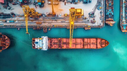 Poster - Aerial View of Cargo Ship Docked at Industrial Port Surrounded by Cranes and Containers Highlighting Maritime Operations and Shipping Activities