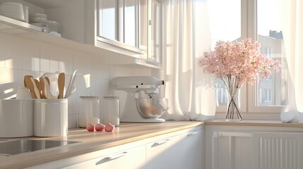 Bright and modern kitchen interior with flowers and cooking utensils bathed in sunlight.