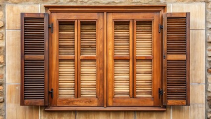 Poster - A rustic wooden window with closed shutters and a frame that complements the stone wall it is set into