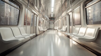 Empty subway car with cityscape view.