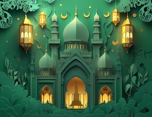 Poster - Eid Mubarak and Ramadan Kareem greetings with an Islamic lantern and mosque. Eid al-Fitr background for a banner or wallpaper design, in green color, paper art style illustration,