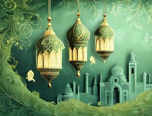 Poster - Eid Mubarak and Ramadan Kareem greetings with an Islamic lantern and mosque. Eid al-Fitr background for a banner or wallpaper design, in green color, paper art style illustration,
