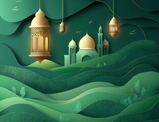 Poster - Eid Mubarak and Ramadan Kareem greetings with an Islamic lantern and mosque. Eid al-Fitr background for a banner or wallpaper design, in green color, paper art style illustration,
