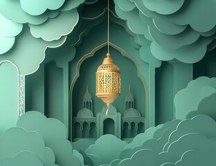 Poster - Eid Mubarak and Ramadan Kareem greetings with an Islamic lantern and mosque. Eid al-Fitr background for a banner or wallpaper design,