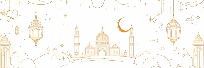 Poster - Luxurious golden Ramadan Kareem banner template with line art vector elements of Arabic lantern, crescent moon, and mosque on a white background. 