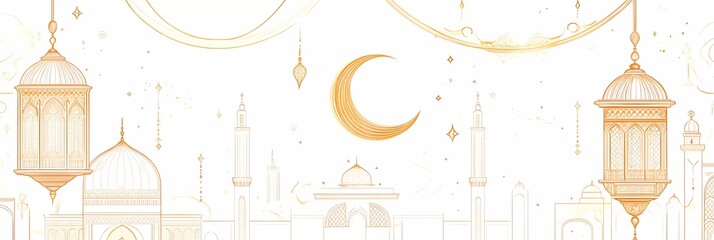 Poster - Luxurious golden Ramadan Kareem banner template with line art vector elements of Arabic lantern, crescent moon, and mosque on a white background. 