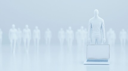 Poster - abstract minimalist 3d illustration of person with laptop and group of people in backgroun