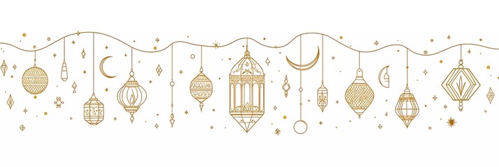 Poster - Vector illustration of Ramadan Kareem banner, vector design with golden line art elements on white background, Arabic lanterns and crescent moon patterns