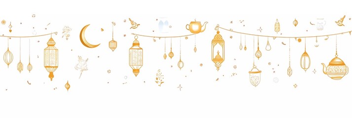 Poster - Vector illustration of Ramadan Kareem banner, vector design with golden line art elements on white background, Arabic lanterns and crescent moon patterns