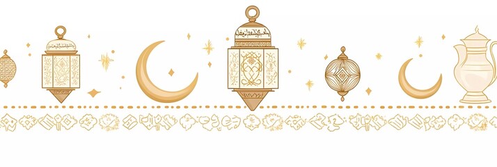 Poster - Vector illustration of Ramadan Kareem banner, vector design with golden line art elements on white background, Arabic lanterns and crescent moon patterns