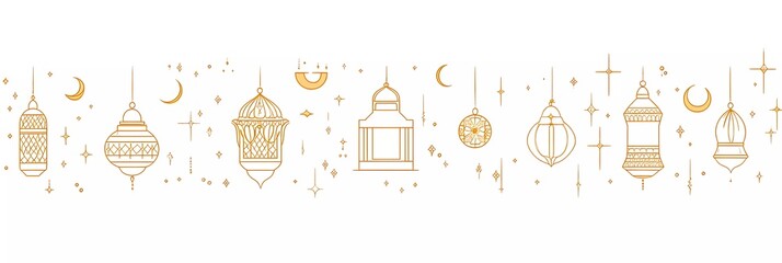 Poster - Vector illustration of Ramadan Kareem banner, vector design with golden line art elements on white background, Arabic lanterns and crescent moon patterns