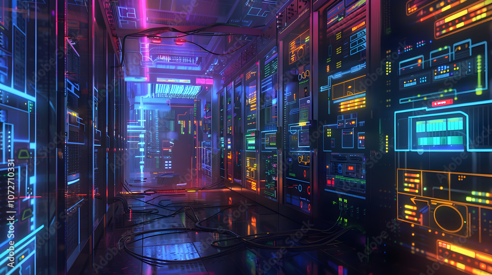 High Tech Server Room in Action: A Data Center Full of Life with a Labyrinth of Cables