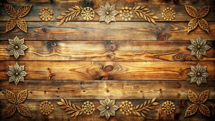 Aufkleber - Rustic wooden background with intricate carved floral accents in gold tones, perfect for adding a touch of nature and vintage charm to your design projects