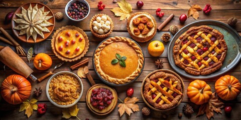 Aufkleber - A Rustic Tabletop Spread Featuring A Variety of Pies and Pumpkins, Perfect for a Festive Fall Gathering