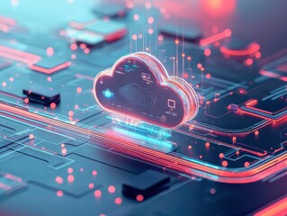Poster - Futuristic cloud computing concept with vibrant blue and red neon lights highlighting a digital cloud surrounded by circuit patterns and data flow visualization
