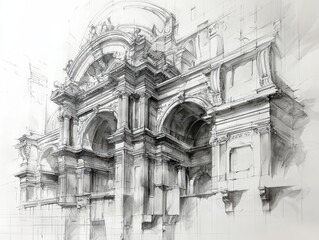 Poster - Detailed Architectural Sketch of Classical Facade with Intricate Designs and Decorative Elements, Showcasing Historical Influence and Artistic Skill