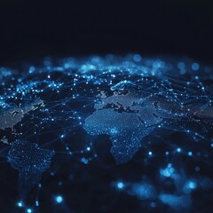 Poster - Abstract Digital World Map with Network Connections and Nodes Representing Global Digital Communication and Data Flow in a Technologically Advanced Era