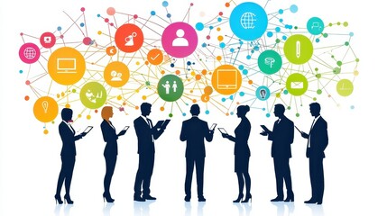 Poster - Diverse Business Professionals Engaged with Digital Devices in Front of Colorful Social Media Icons and Network Connections Representing Online Activity