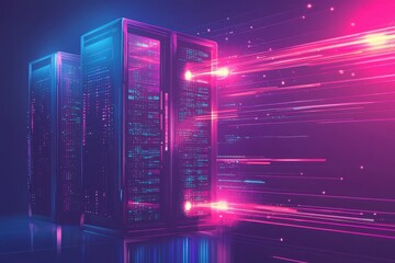 Poster - Futuristic Data Center with Neon Lights and Dynamic Data Flow Representing High-Speed Connectivity and Modern Technology in a Digital Environment