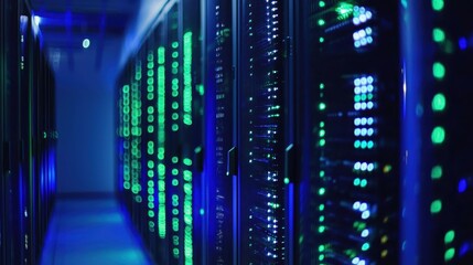 Poster - High-Tech Data Center with Rows of Servers Illuminated by LED Lights in Blue and Green, Showcasing Modern Computing Infrastructure and Network Technology