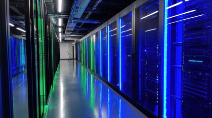 Poster - Modern Data Center Interior Featuring Rows of High-Performance Server Racks Illuminated by Colorful LED Lights in a Sleek and High-Tech Environment
