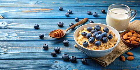 Poster - A bowl of creamy oatmeal topped with fresh blueberries, a glass of milk, and almonds on a blue wooden background.