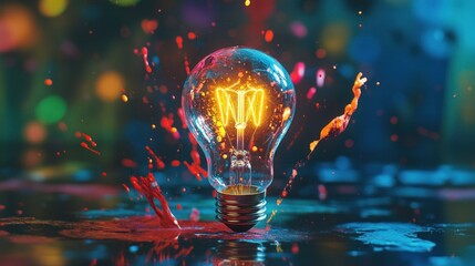 Poster - Idea concept with electric light bulb and colorful bokeh background - Generated AI