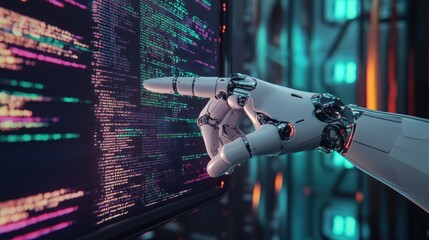 Poster - 3d rendering robot hand working with binary code on computer screen in dark room - Generated AI
